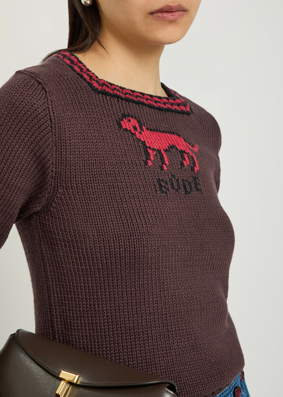 Bode Lapdog Intarsia Cotton and Wool-blend top Brown