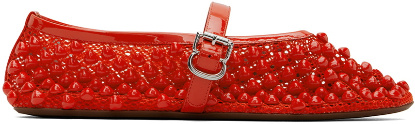 ALAÏA Red Studded Fishnet Ballerina Flats