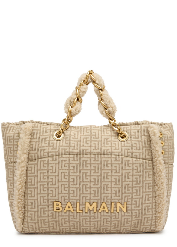 Photo: Balmain 1945 Shearling and Monogram-jacquard Tote - Beige - One Size