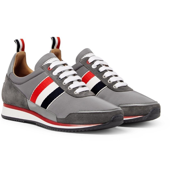 Photo: Thom Browne - Grosgrain and Suede-Trimmed Nylon Sneakers - Dark gray