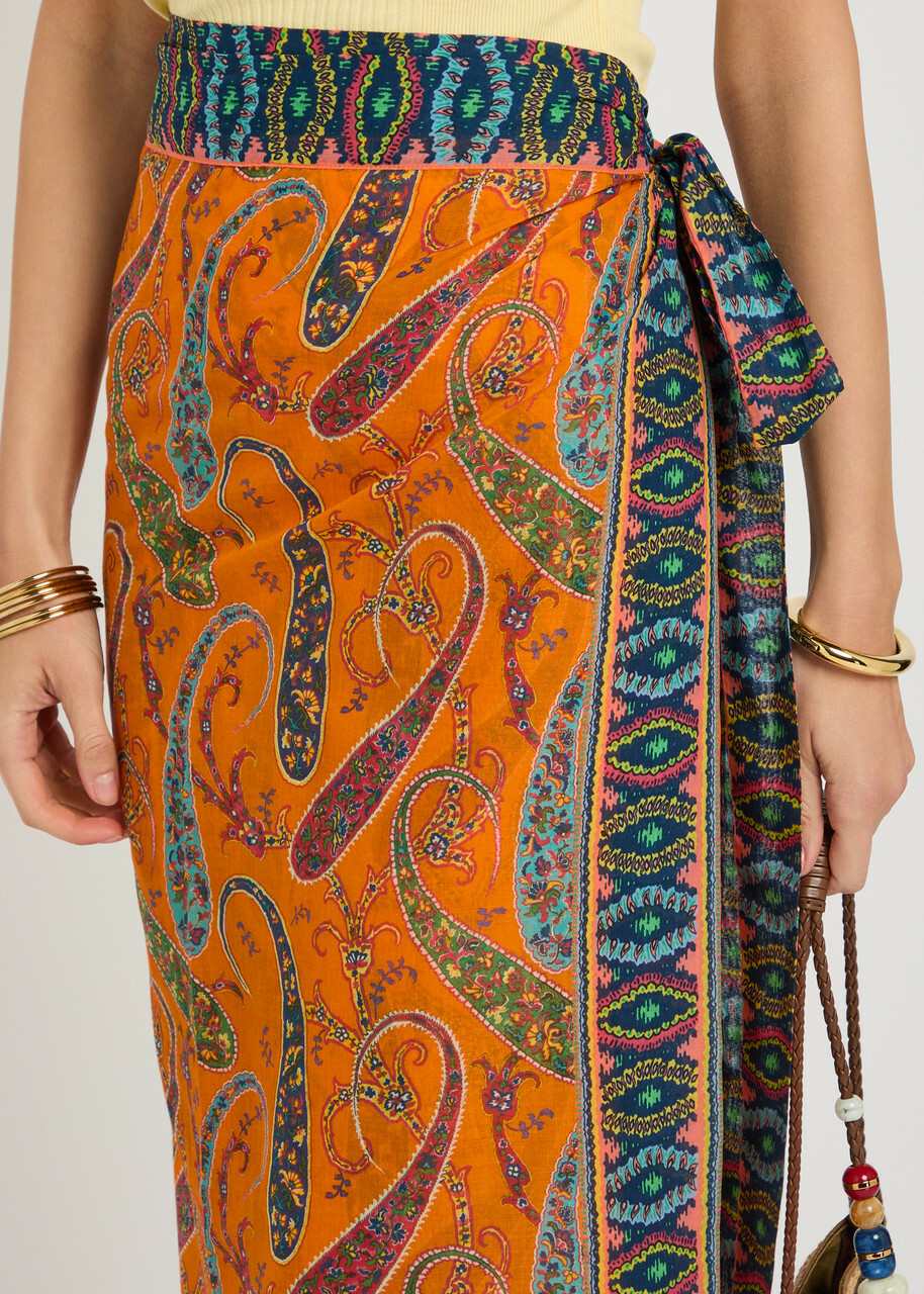 Etro Paisley-print Cotton Midi Wrap Sarong Skirt - Orange - One Size