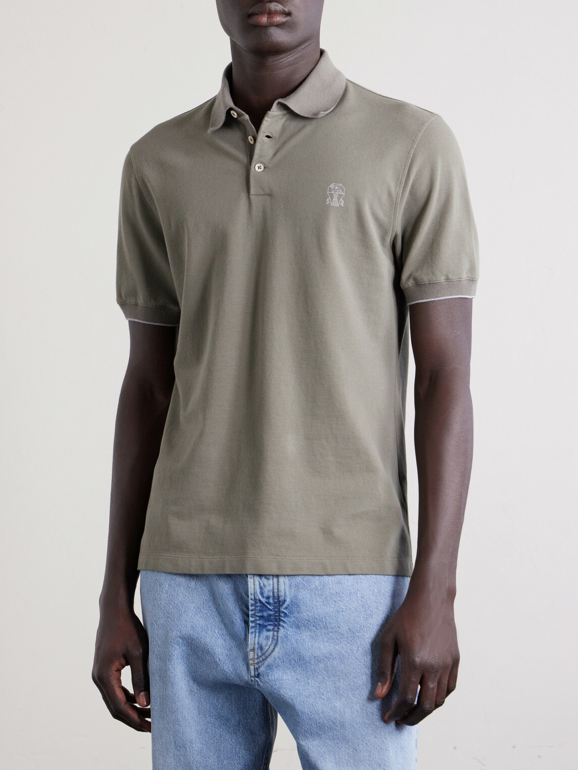 Brunello Cucinelli - Logo-Print Cotton-Piqué Polo Shirt - Green