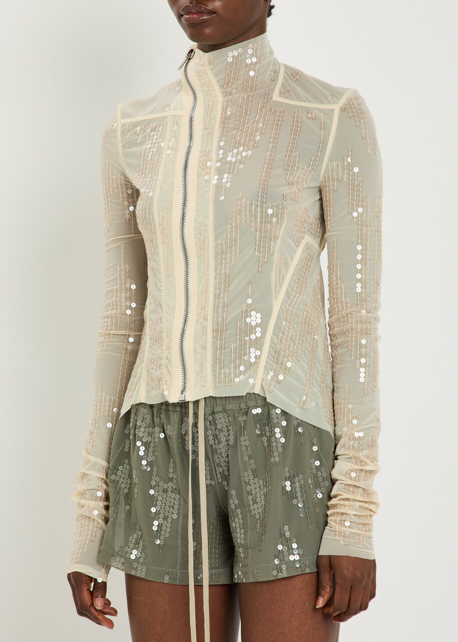Rick Owens Lilies Gary Embellished Mesh Jacket Brown