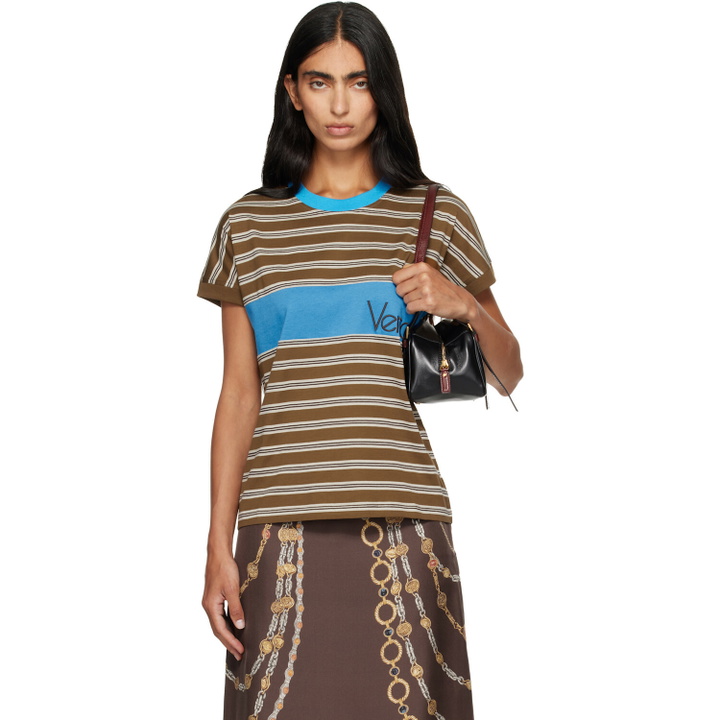 Photo: Versace Brown & Blue Embroidered-Logo Striped-Intarsia Cotton T-shirt