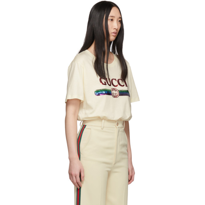 Tシャツ・カットソー GUCCI Women Tops 789582XJG60 Beige Gucci Beige Sequin Vintage Logo T-Shirt Gucci