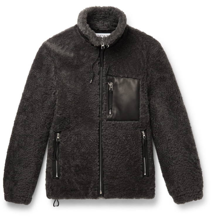 Photo: Loewe - Leather-Trimmed Shearling Jacket - Gray