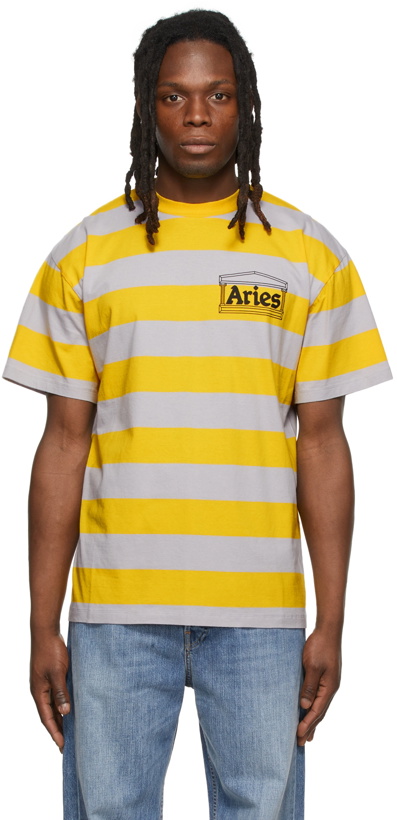 Photo: Aries Yellow & Grey Striped Temple T-Shirt