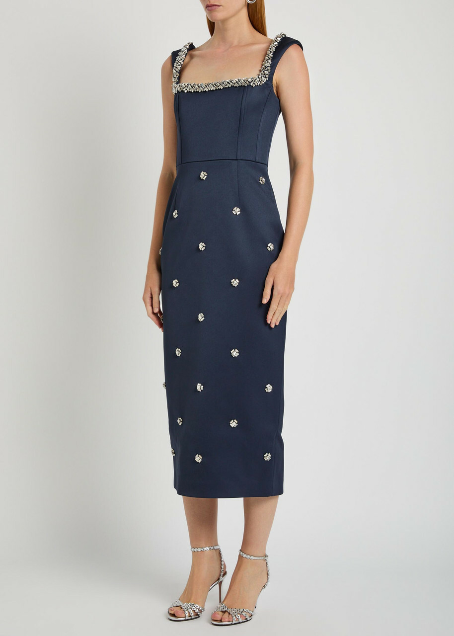 Rebecca Vallance Ayla Crystal-embellished Satin-crepe Midi Dress Navy