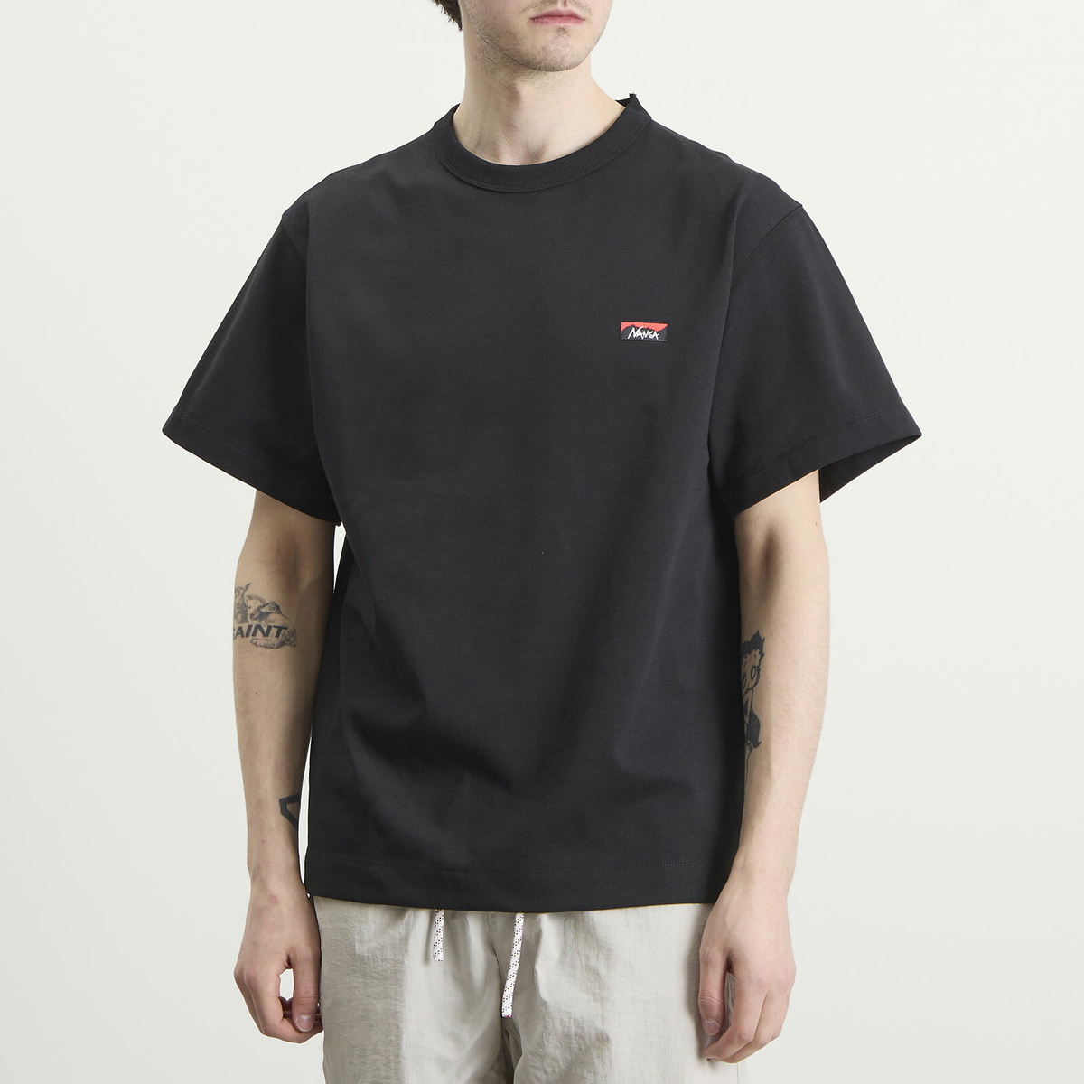 NANGA Men's Eco Hybrid Box Logo Embroidery T-Shirt in Black