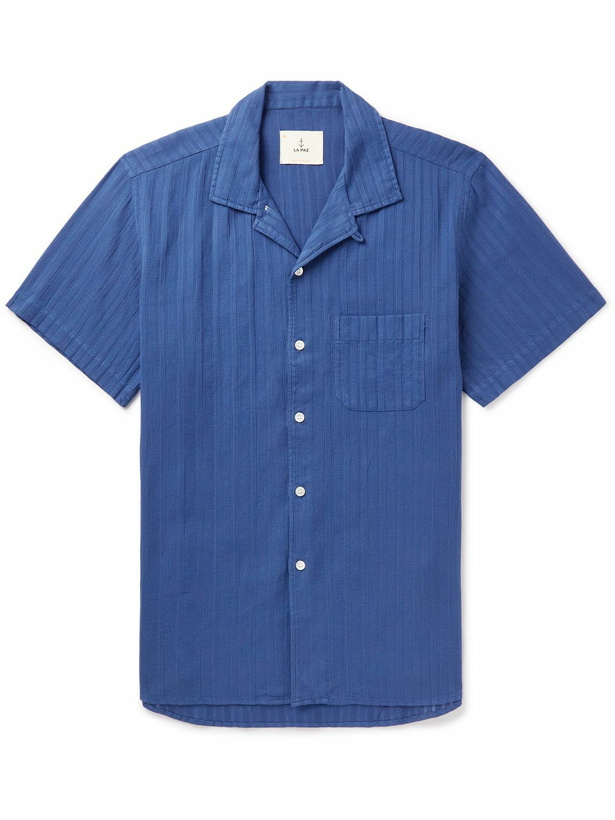 Photo: La Paz - Panama Convertible-Collar Striped Textured-Cotton Shirt - Blue