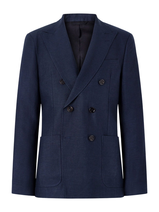 Photo: Oliver Spencer - Double-Breasted Linen, Virgin Wool and Cotton-Blend Suit Jacket - Blue