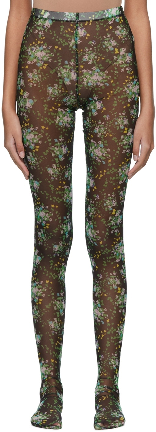 SHUTING QIU Black & Green Mesh Look 36 Floral Tights