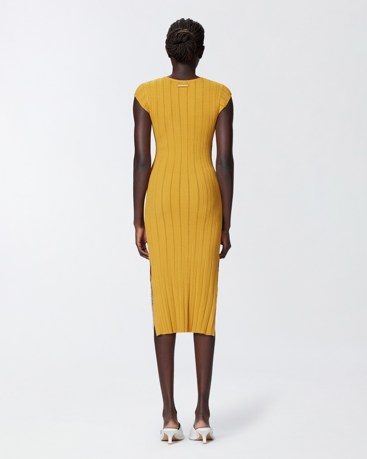 Pinko Knit Midi Dress With Openwork Yellow/Nude