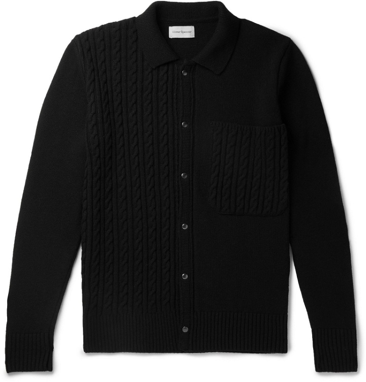 Photo: Oliver Spencer - Panelled Cable-Knit Wool Cardigan - Black