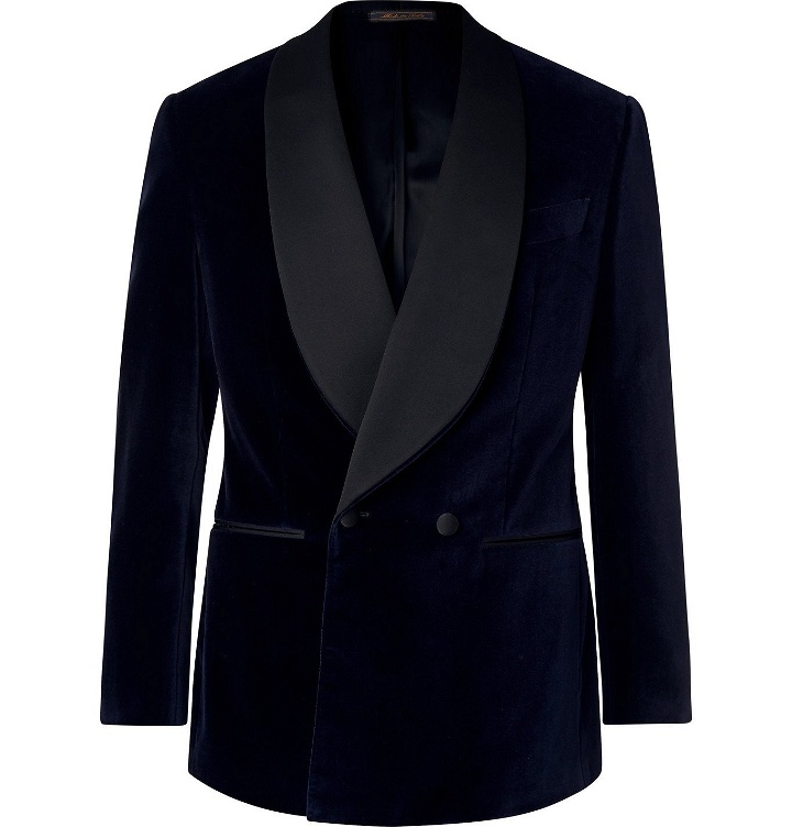 Photo: Thom Sweeney - Navy Slim-Fit Double-Breasted Satin-Trimmed Cotton-Velvet Tuxedo Jacket - Blue