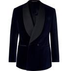 Thom Sweeney - Navy Slim-Fit Double-Breasted Satin-Trimmed Cotton-Velvet Tuxedo Jacket - Blue