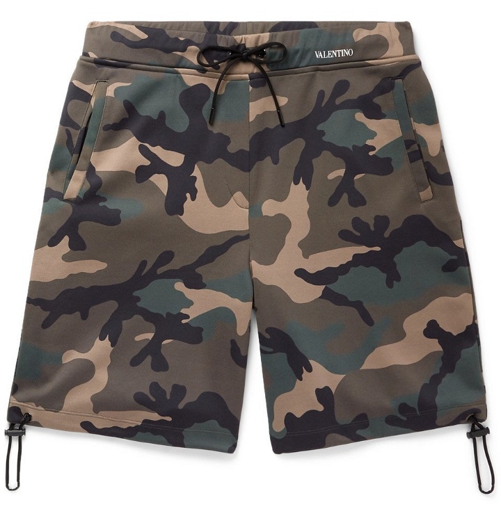 Photo: Valentino - Camouflage-Print Fleece-Back Jersey Drawstring Shorts - Men - Green