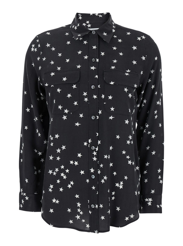 Photo: Equipment Black Shirt With All-over Star Motif And Patch Pockets On The Chest In Silk Woman