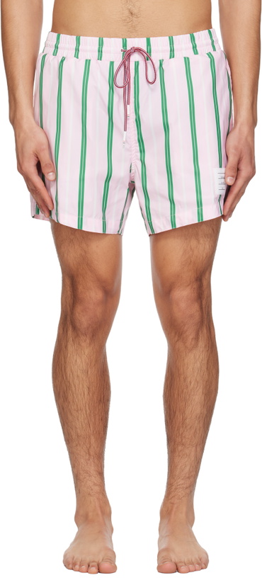 Photo: Thom Browne Pink Drawcord Waist Stripe Print Swim Shorts
