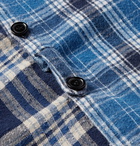 Greg Lauren - Grandad-Collar Distressed Checked Cotton-Flannel Shirt - Blue