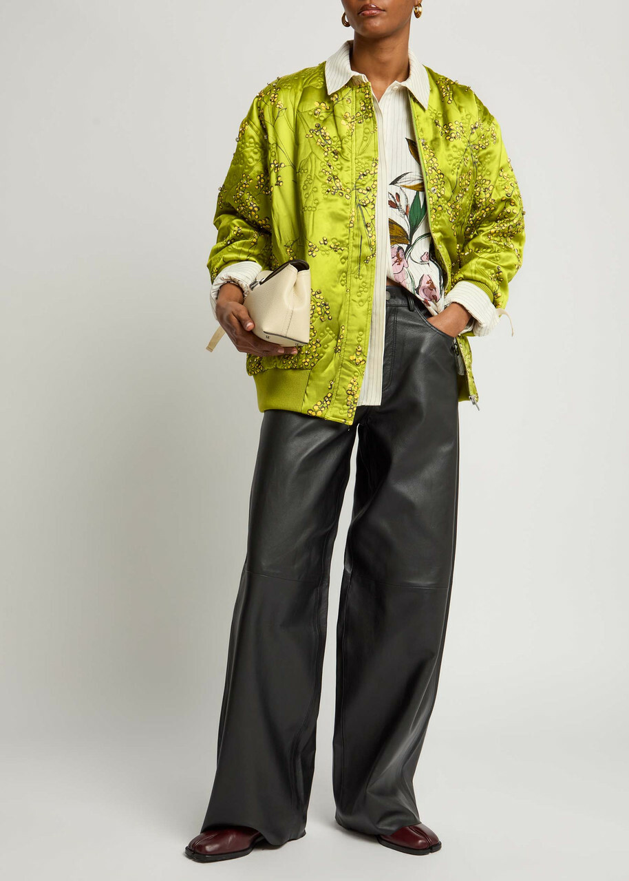 Stine Goya Floral-print Embellished Satin Bomber Jacket Green