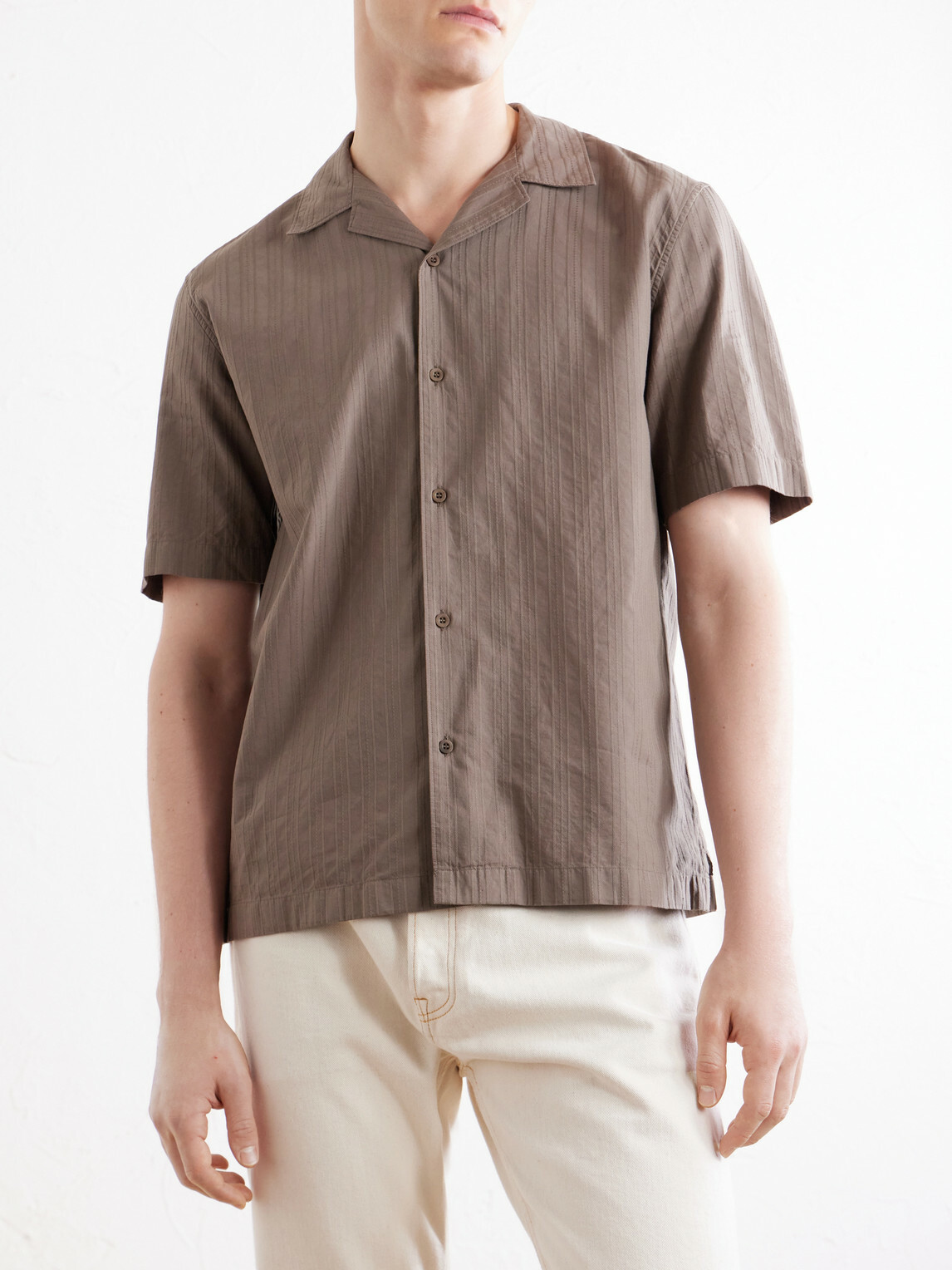 Sunspel - Camp-Collar Textured-Cotton Shirt - Brown