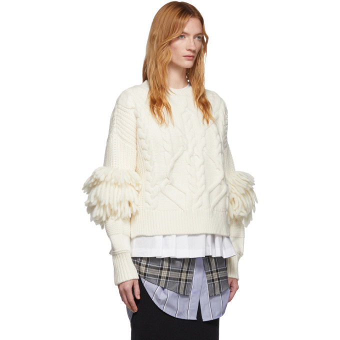 Enfold Off-White Cable Fringe Sweater