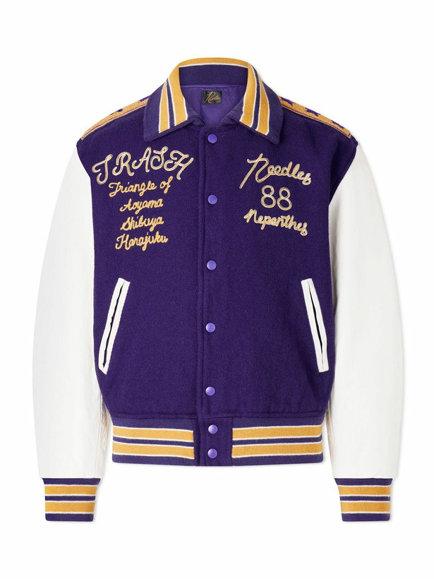 Photo: Needles - Cropped Leather-Trimmed Melton Wool Letter Jacket - Purple