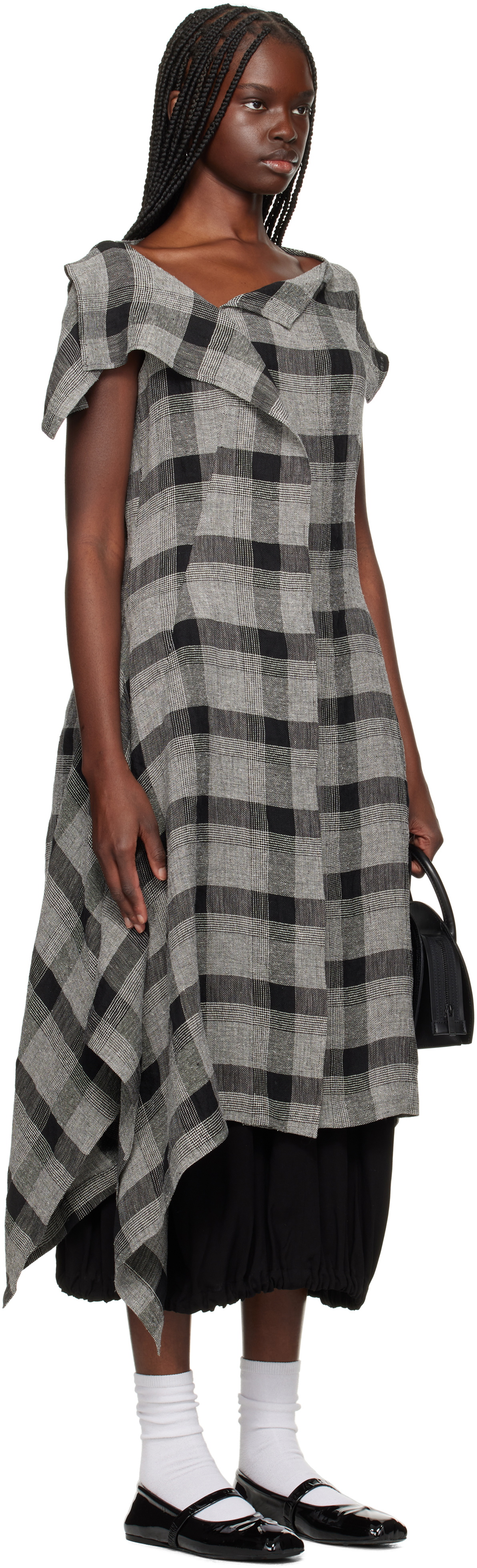 Y's Black & Gray U-Handkerchief Hem Midi Dress