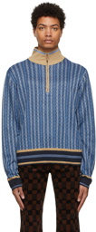 Wales Bonner Blue Jacquard Orchestre Half-Zip Sweatshirt