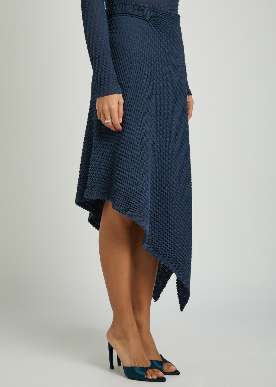Victoria Beckham Draped Seersucker Fine-knit Midi Skirt Navy
