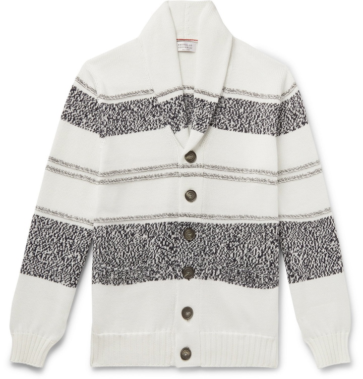 Photo: Brunello Cucinelli - Shawl-Collar Striped Cotton Cardigan - White