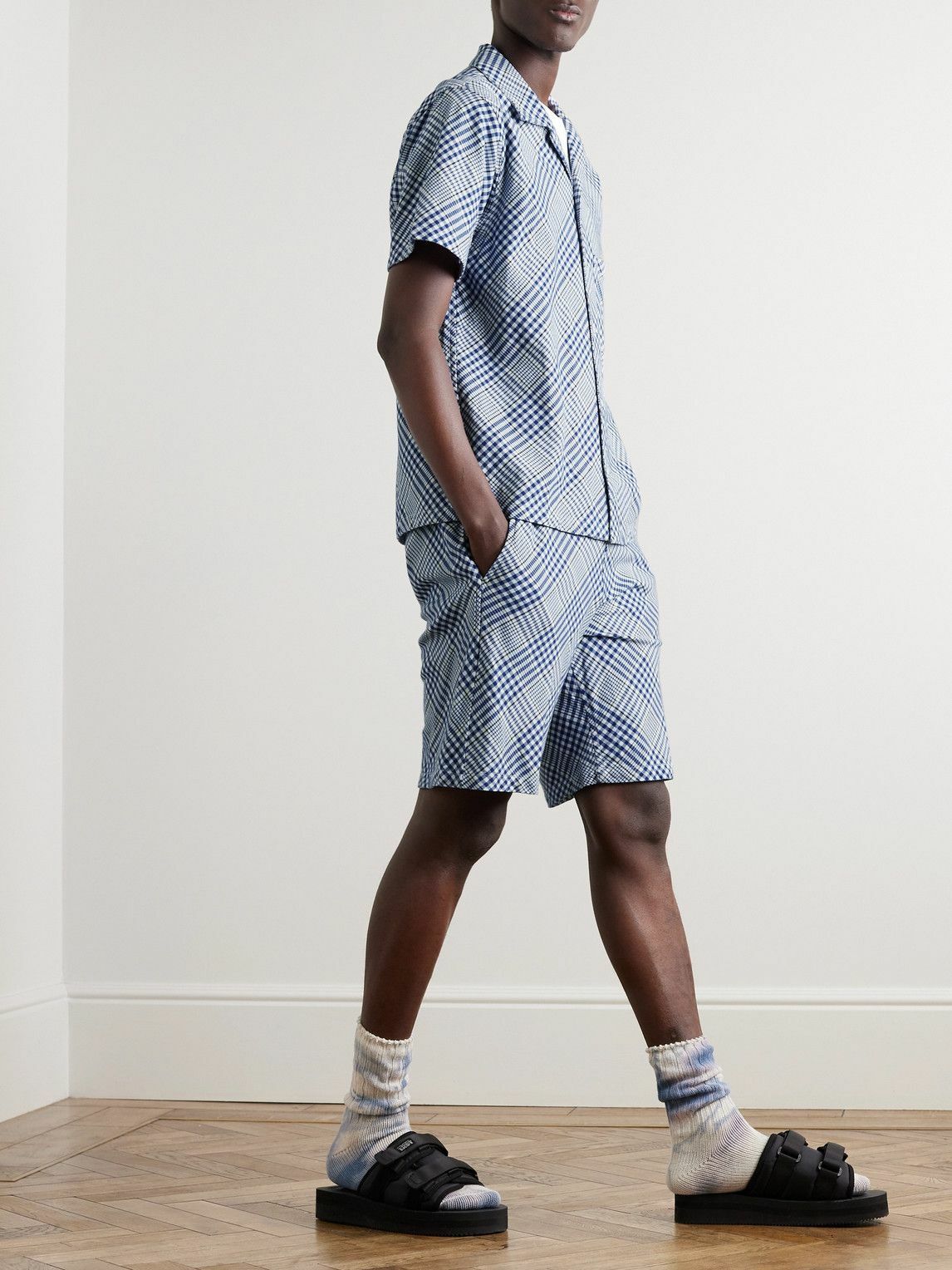NOMA t.d. - Straight-Leg Checked Cotton Shorts - Blue