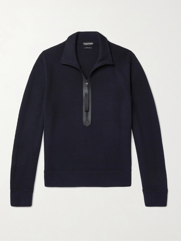 Photo: TOM FORD - Leather-Trimmed Merino Wool Half-Zip Sweater - Blue