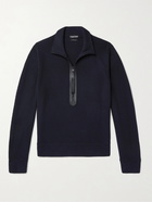 TOM FORD - Leather-Trimmed Merino Wool Half-Zip Sweater - Blue