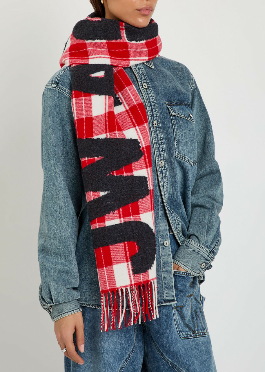 JW Anderson Logo Checked Wool-blend Scarf - Red - One Size