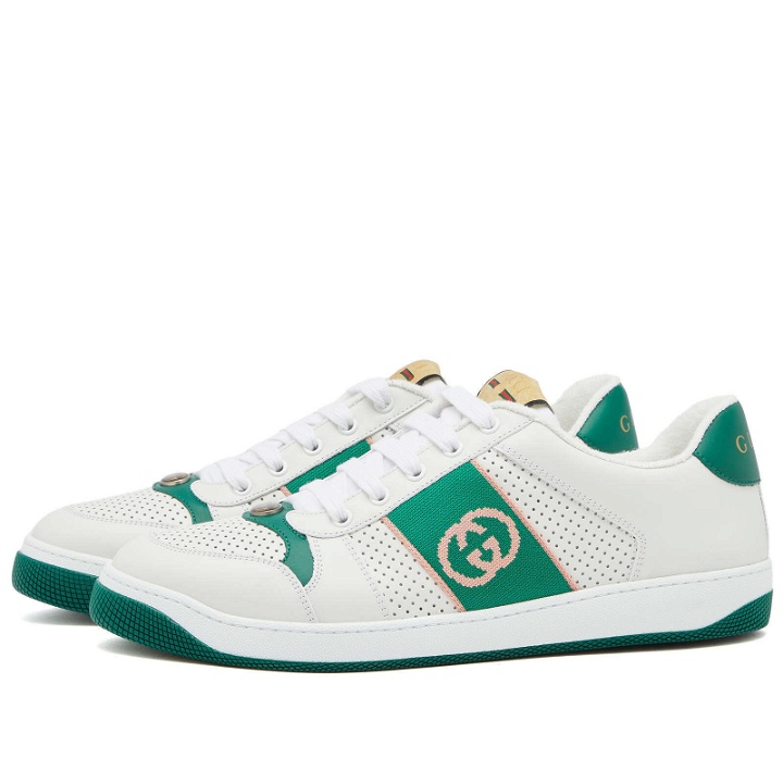 Photo: Gucci Men's Screener Sneakers in White/Green