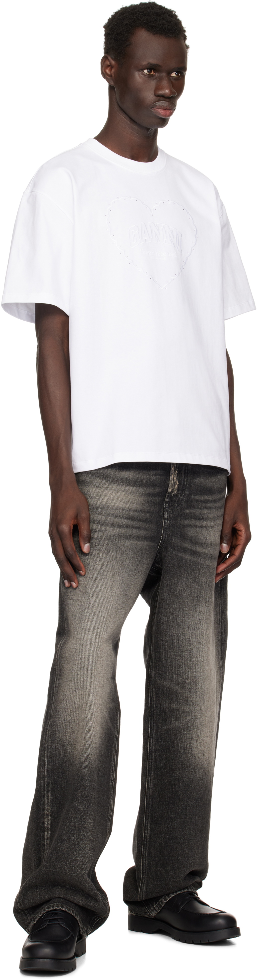 GANNI White Heavy Cotton Drop Shoulder Heart T-shirt