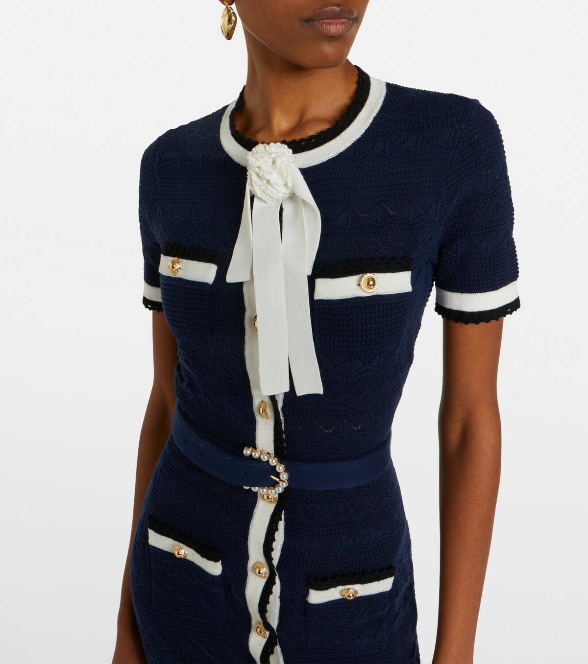 Self-Portrait Bow-detail pointelle cotton-blend midi dress