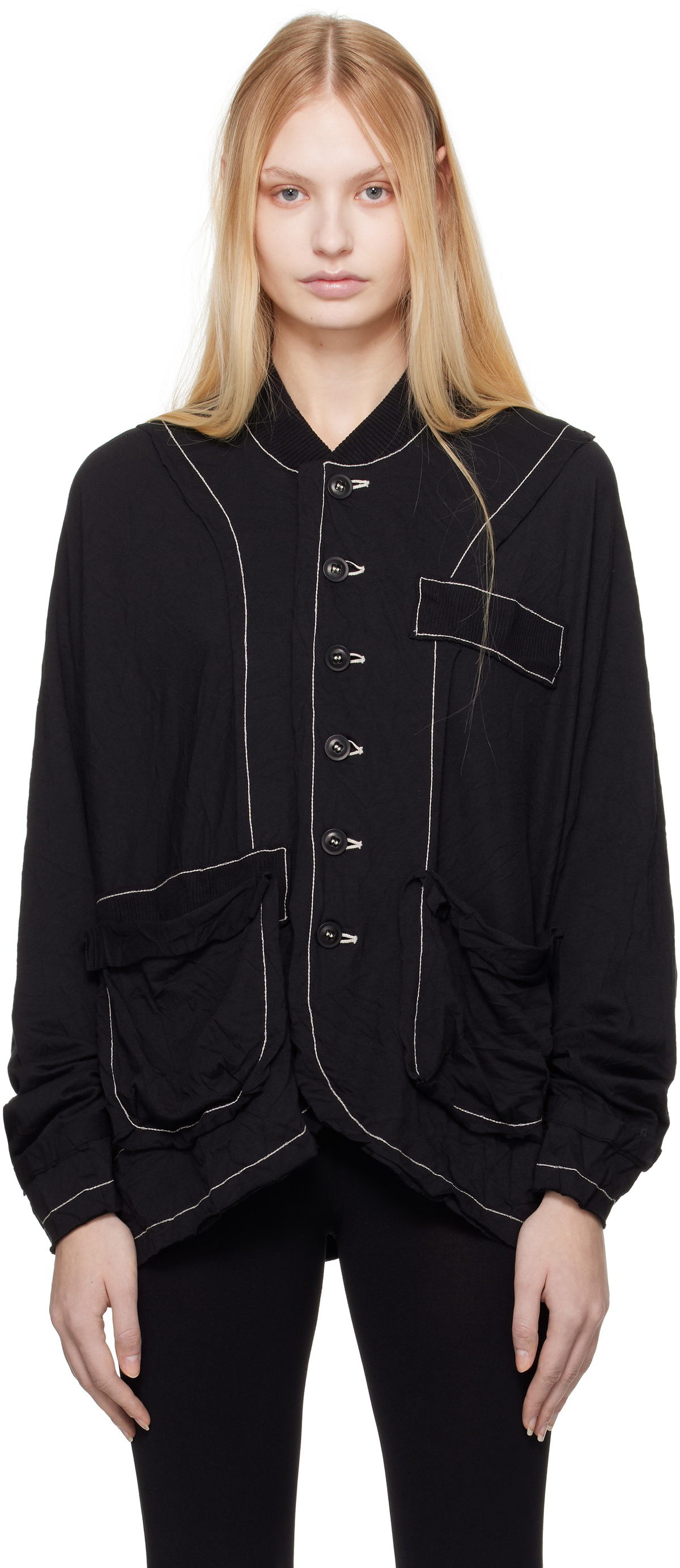 Y's Black Crinkled Jersey Cut Off Doubled Jacket