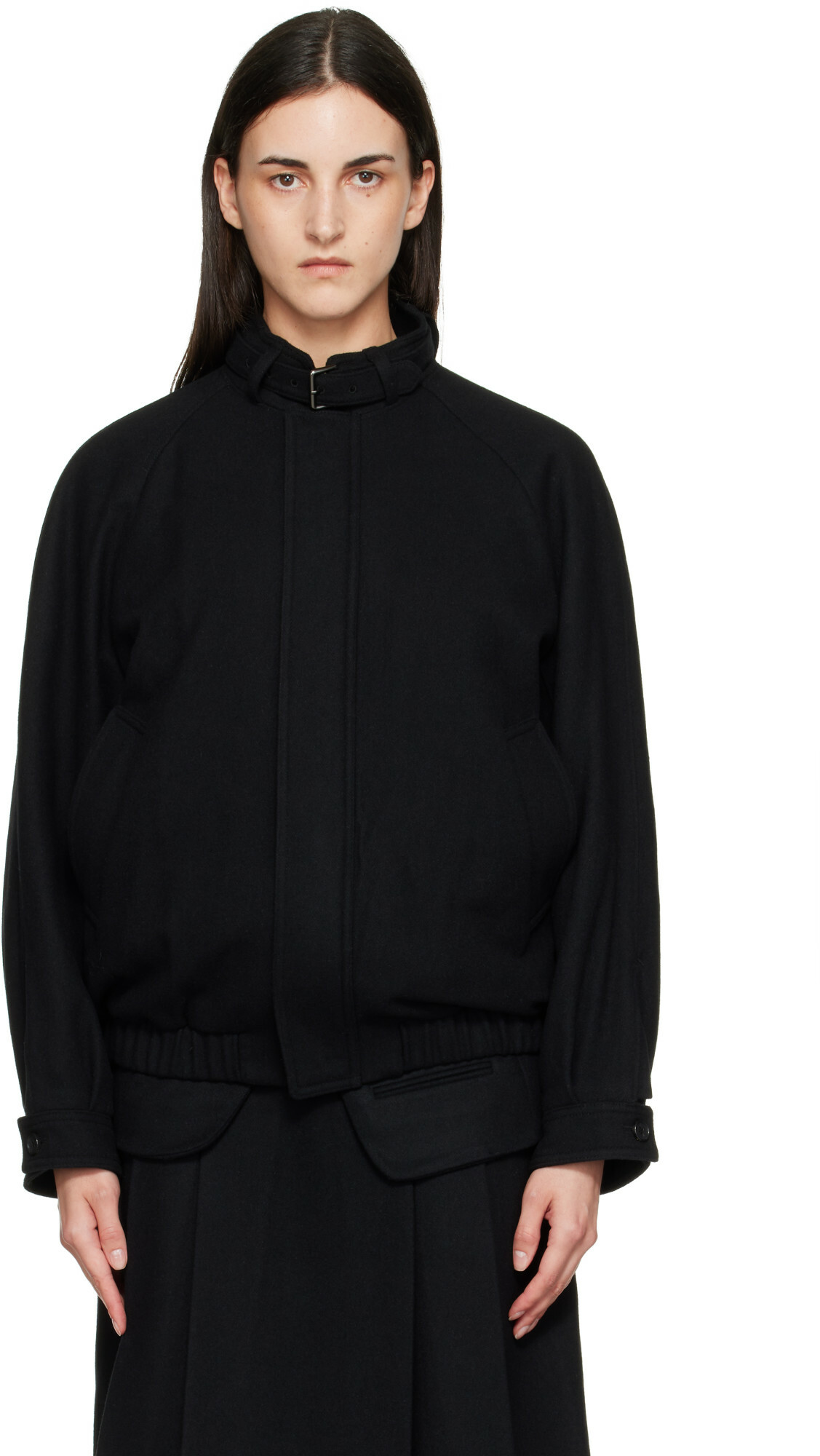 TONYWACK Black Wool Flannel Belted Stand Collar Bomber jacket