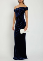 Talbot Runhof Off-the-shoulder Velvet Gown Navy