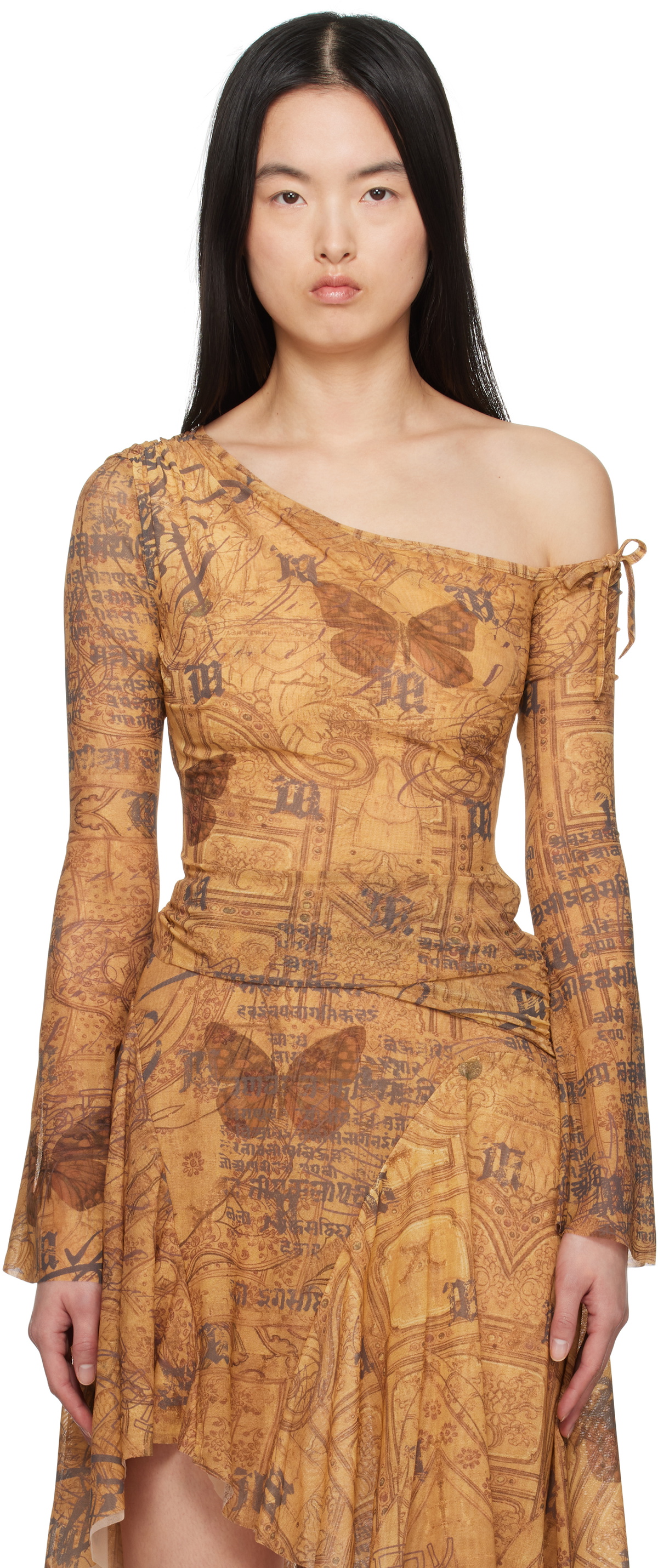 MISBHV Brown Goa Mesh Off-Shoulder Longsleeve T-shirt