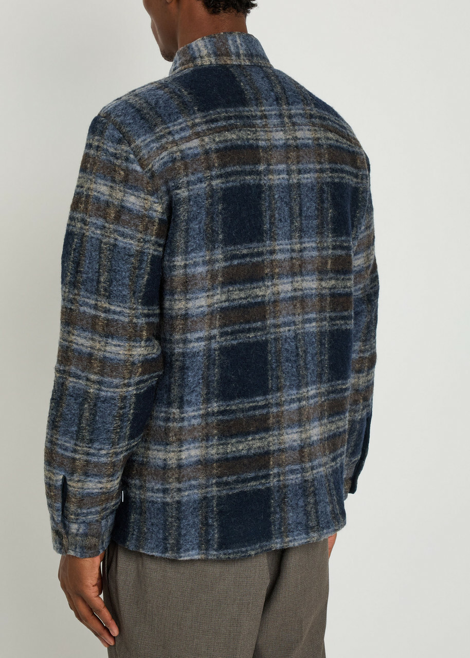 Wax London Whiting Checked Wool-blend Overshirt Navy