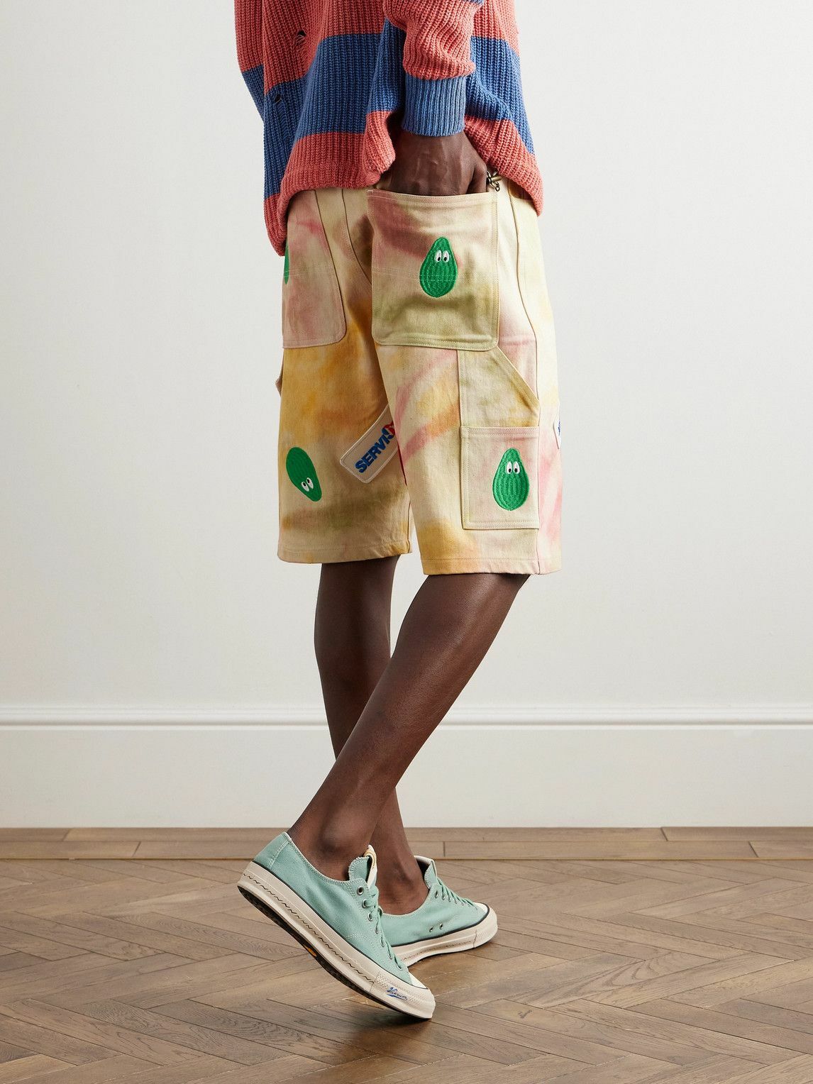 Monitaly - Straight-Leg Embroidered Appliquéd Tie-Dyed Denim Shorts - Multi