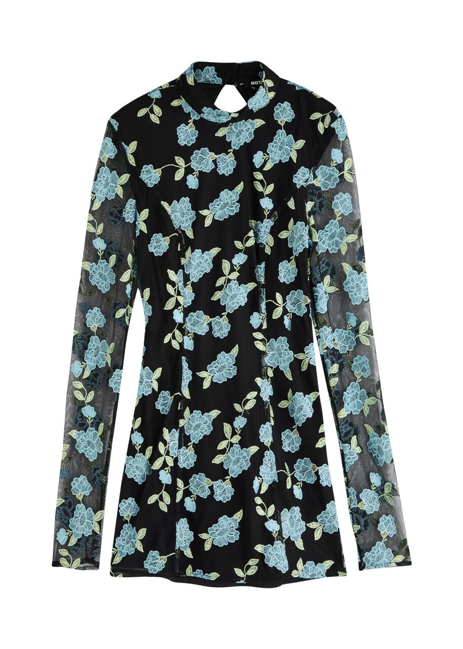 Rotate Sunday Floral-embroidered Tulle Mini Dress Black
