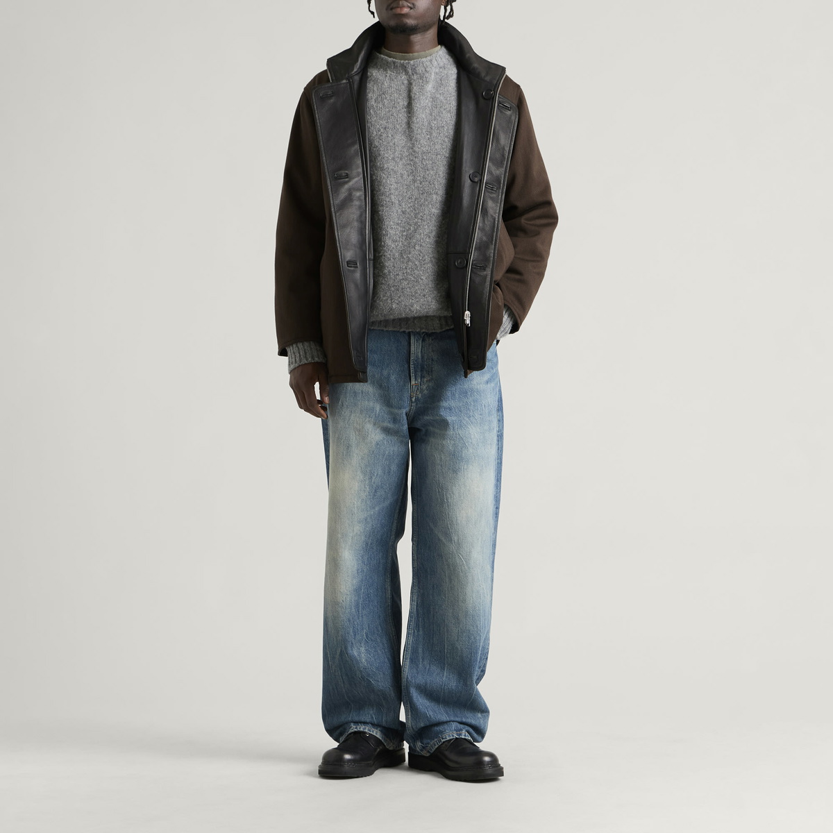 Auralee Men's Reversible Wool Leather Coat in Brown Chambray × Black