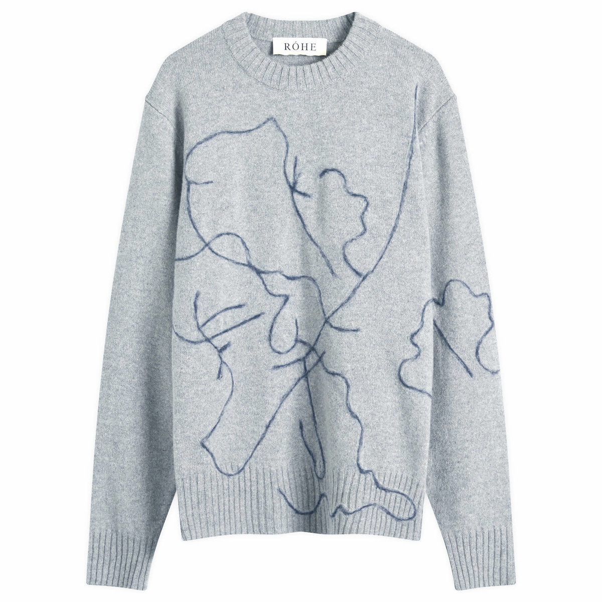 Róhe Men's Tulip Embroidered Wool Cashmere Crew Neck Jumper in Mid Grey/Multi