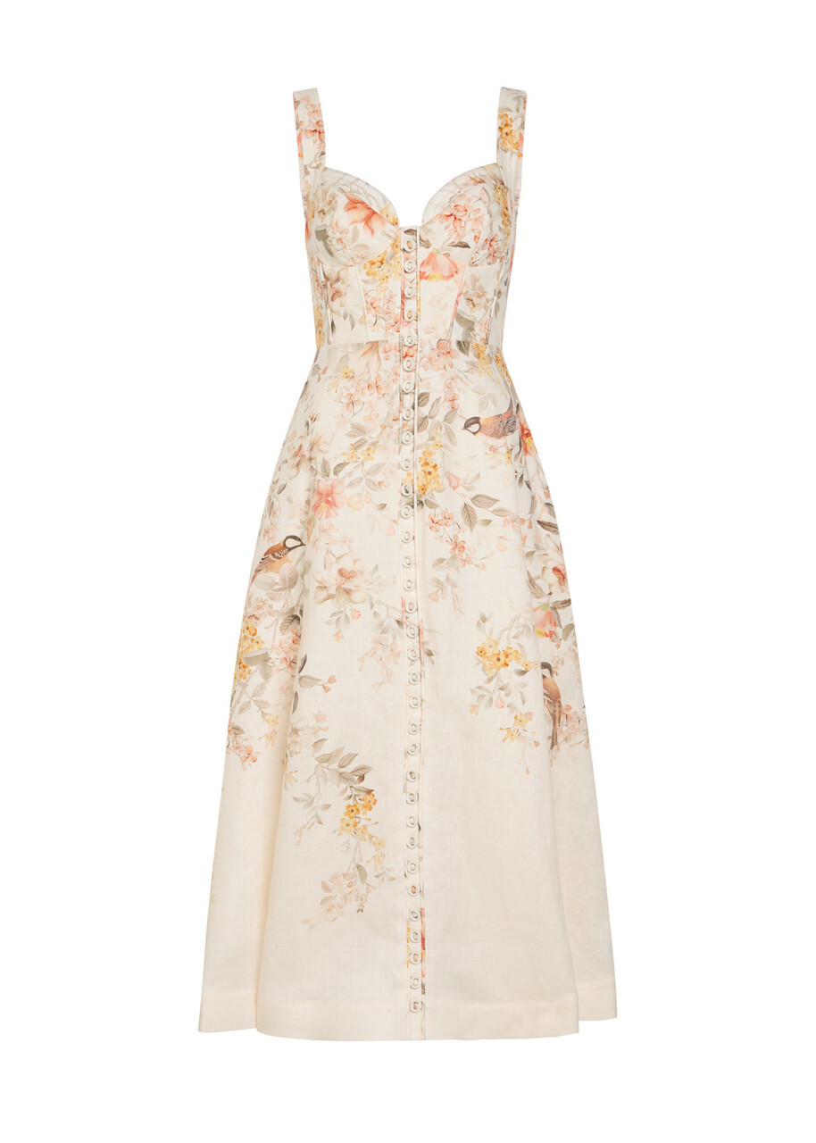Zimmermann Luna Floral-print Linen Midi Dress Cream