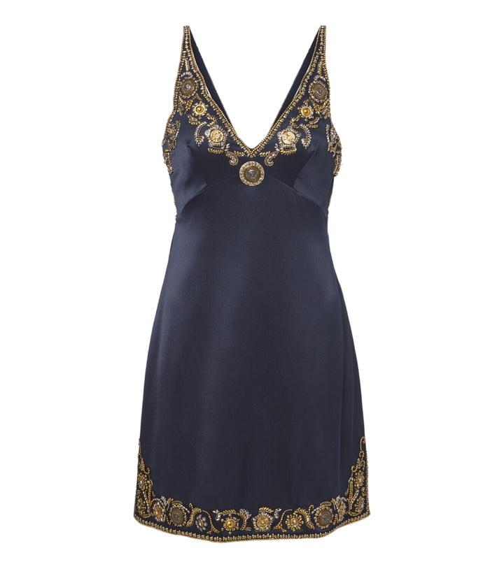 Photo: Versace Medusa embellished silk cady satin minidress